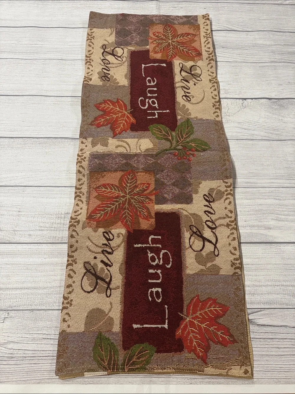 Autumn 'Live Laugh Love' Tapestry Runner - Leaf Motif